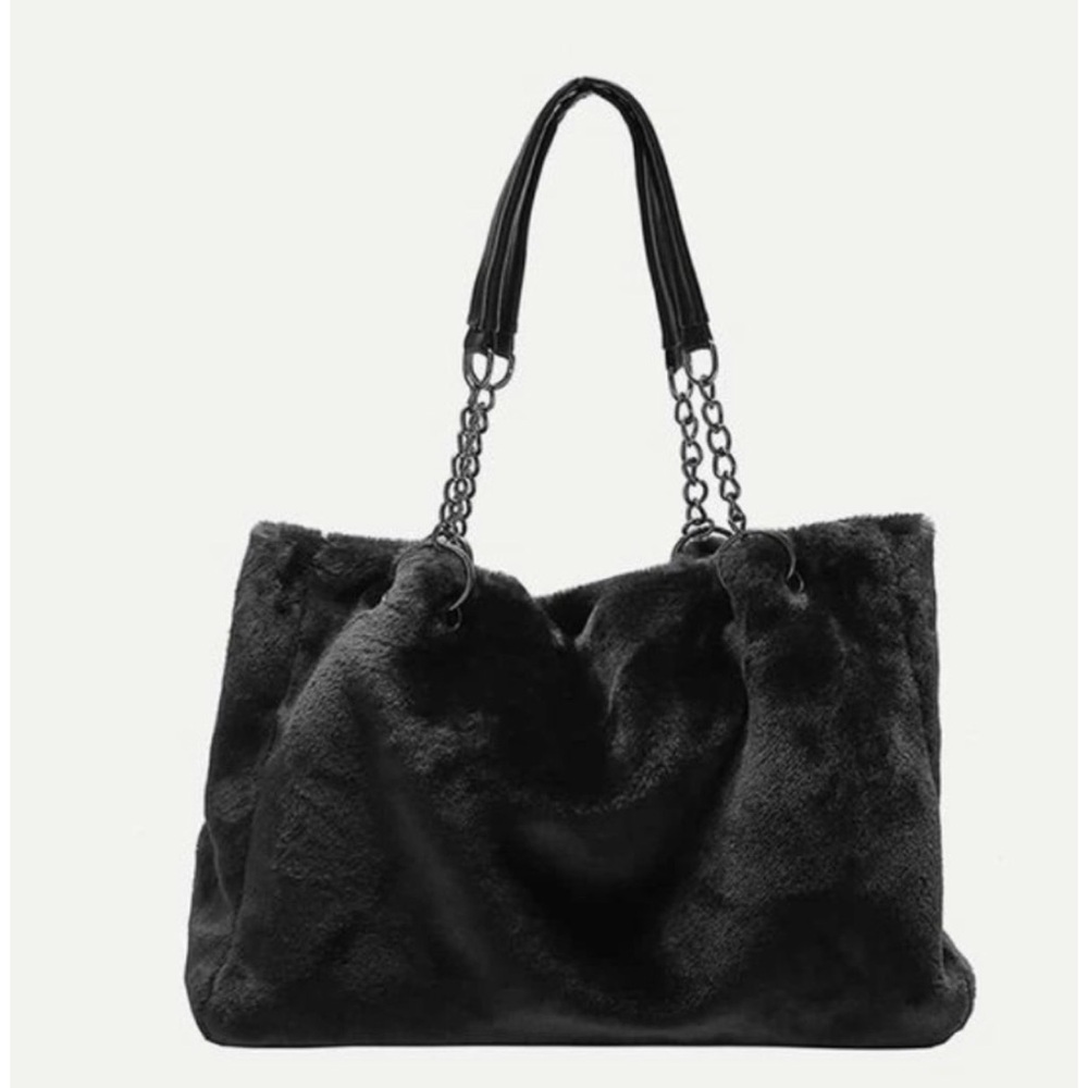 Black Faux Fur Shoulder Bag with Chain Strap Y2K Chic